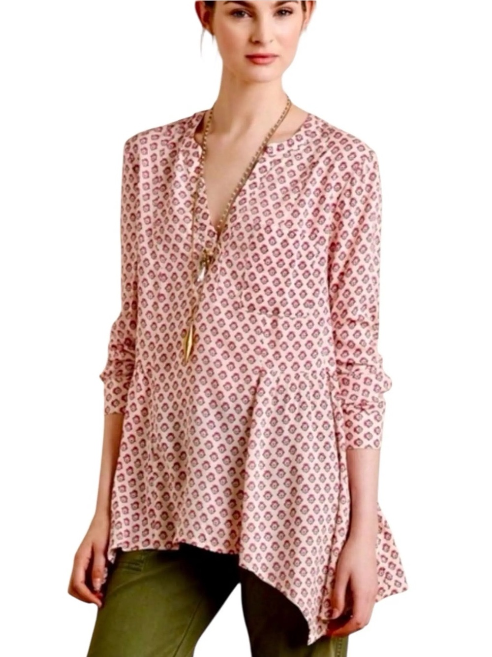 Anthropologie Maeve Laiken Henley In Motif Tunic Blouse Pink Women’s Size 10